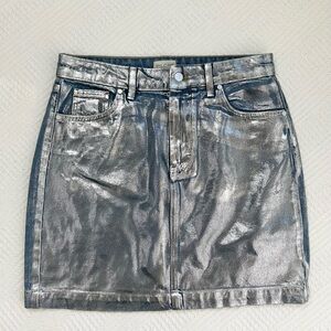 Pilcro Skirt Brushed Metallic Chrome Denim A-Line Mini Skirt Size 10